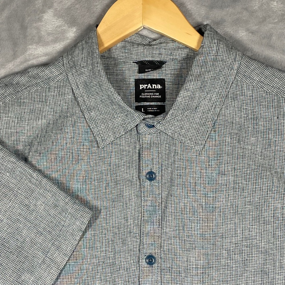 Prana Mens Slim Fit Hemp Recycled Polyester Short Sleeve Button Down Shirt L
